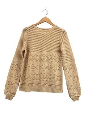 Beige Pullover Sweater Top sz M Crewneck Crochet Knit Pointelle Pattern Cottage